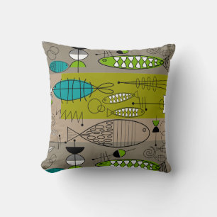 Mid-Century Whimsical Fish Art Teal Brown Cushion