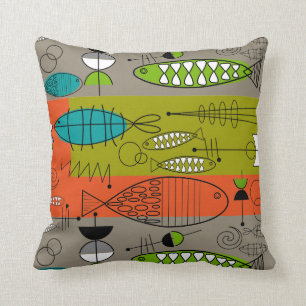 Mid-Century Whimsical Fish Art Teal Brown Orange Cushion