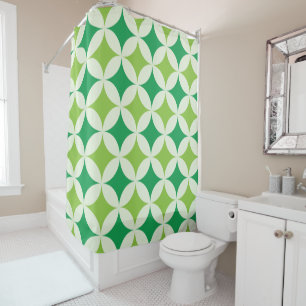 Mid Century White and Green Starbursts on Circles Shower Curtain