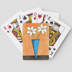 Mid Century White Flowers in Blue Vase Playing Cards