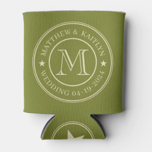 Mid-Century Willow Green Wedding Monogram Star Can Cooler