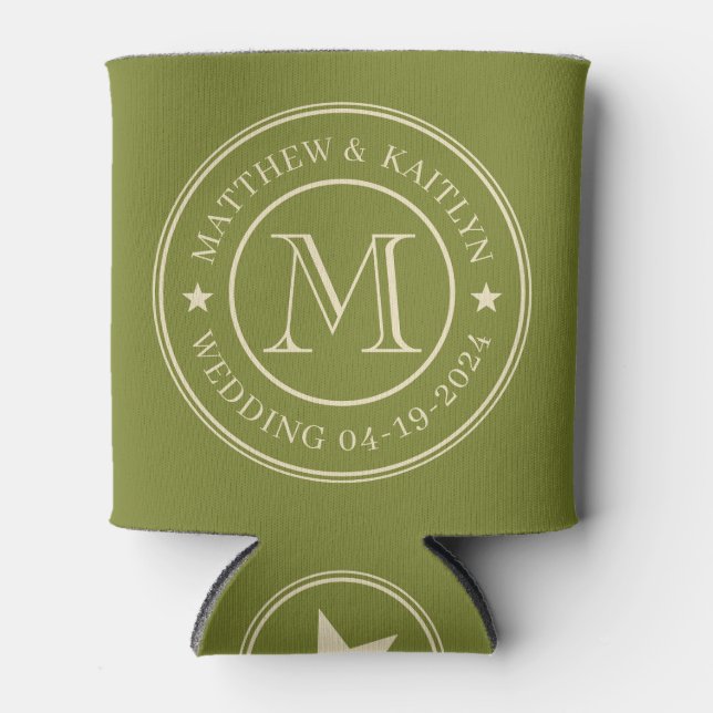 Mid-Century Willow Green Wedding Monogram Star Can Cooler (Front)