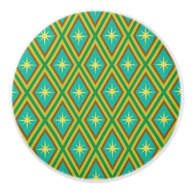 Mid Century Yellow Stars on Retro diamonds Pattern Ceramic Knob (Front)