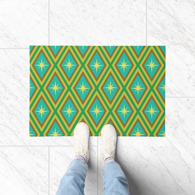 Mid Century Yellow Stars on Retro diamonds Pattern Doormat (Indoor)