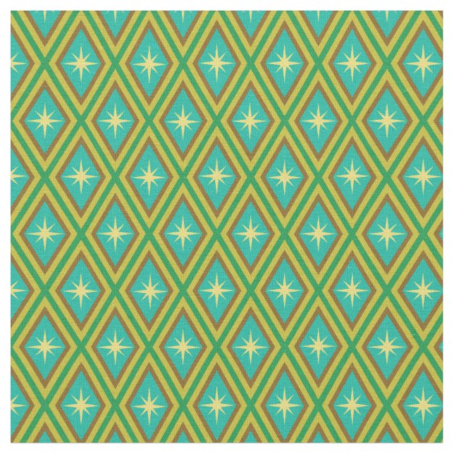 Mid Century Yellow Stars on Retro diamonds Pattern Fabric (Close Up)
