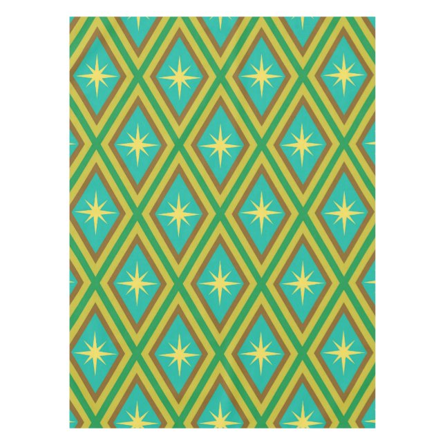 Mid Century Yellow Stars on Retro diamonds Pattern Tablecloth (Front)