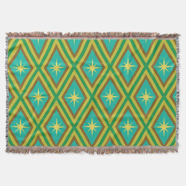 Mid Century Yellow Stars on Retro diamonds Pattern Throw Blanket (Front)