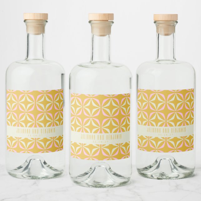 Mid Mod Geometric Yellow Pink Custom Wedding Liquor Bottle Label (Bottles)