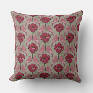 Mid Mod Magenta Poppies & Birds Throw Pillow