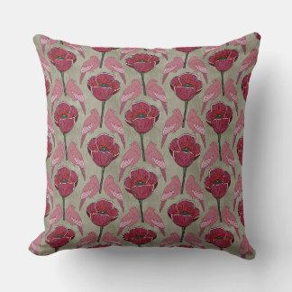 Mid Mod Magenta Poppies & Birds Throw Pillow