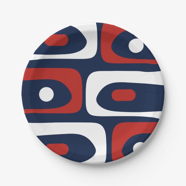 Mid Mod Piquet Pattern Red White and Blue Paper Plate (Front)