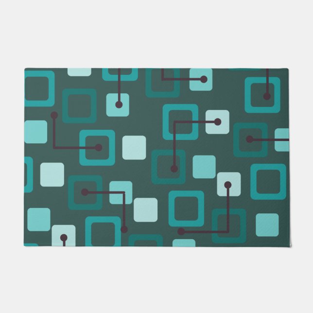 Midcentury 1950s Tiles & Squares Teal Doormat (Front)