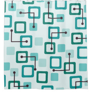Midcentury 1950s Tiles & Squares Turquoise Shower Curtain