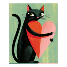 Midcentury Black Cat Heart Sage Green