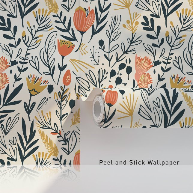 Midcentury Boho Floral Coral Mustard Teal Wallpaper (Creator Uploaded)