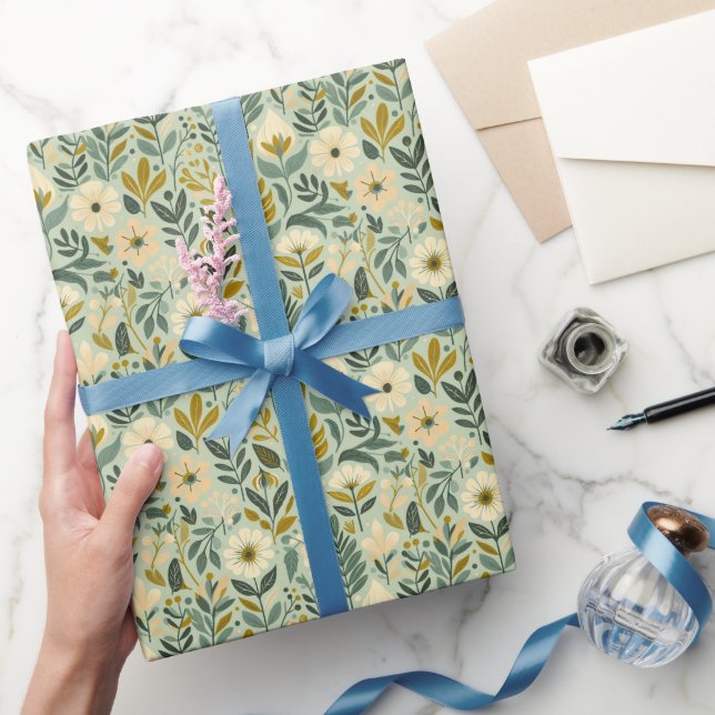 Midcentury Boho Floral Wildflowers Flowers Blue  Wrapping Paper (Gifting)