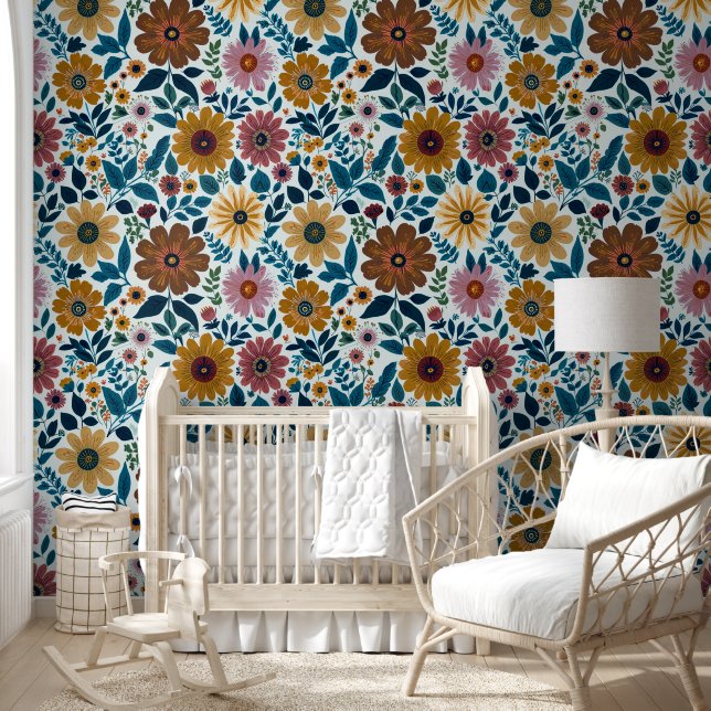 Midcentury Boho Floral Wildflowers Flowers Nursery Wallpaper (Kids)