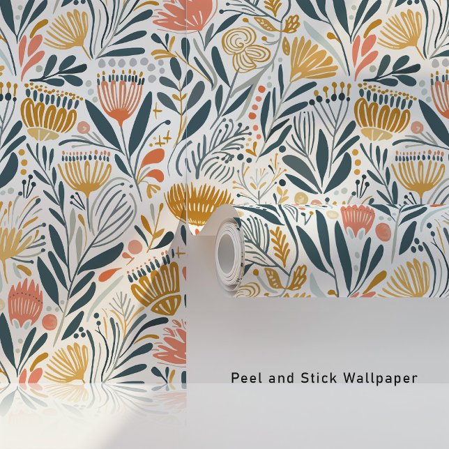 Midcentury Boho Florals in Coral Mustard Teal Wallpaper (Creator Uploaded)