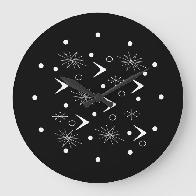Midcentury Boomerangs Starbursts Black White Large Clock (Front)