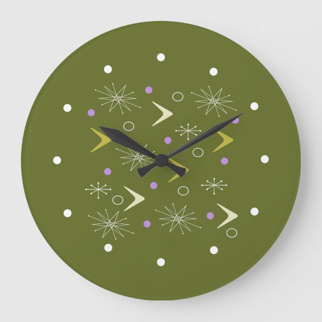 Midcentury Boomerangs Starbursts Olive Green Large Clock (Front)