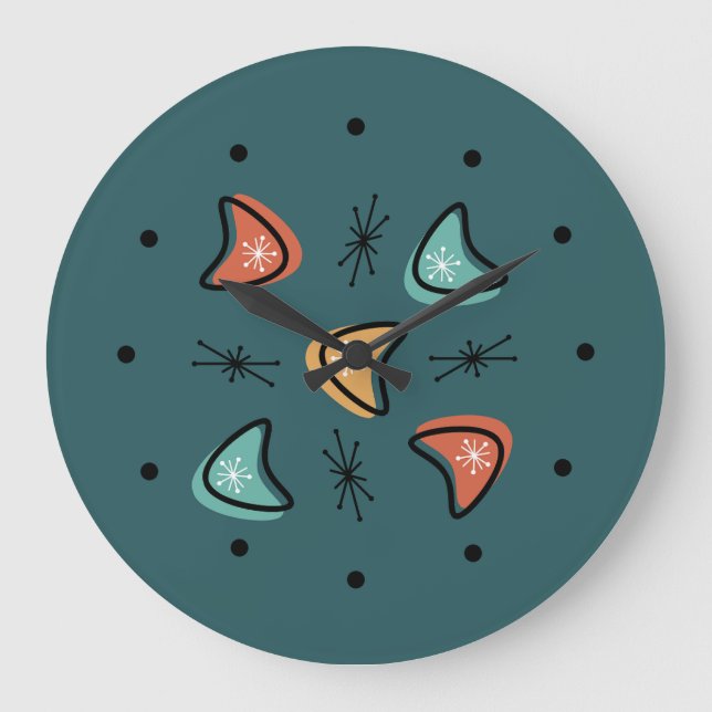 Midcentury Boomerangs Starbursts Teal Large Clock (Front)