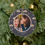 Midcentury Christmas House Palm Tree Photo Ceramic Ornament<br><div class="desc">Pattern with illustrations of a midcentury modern style house decorated with Christmas lights,  palm trees,  snowflakes,  flamingos,  and snowflakes.  Personalise the text and photo.</div>