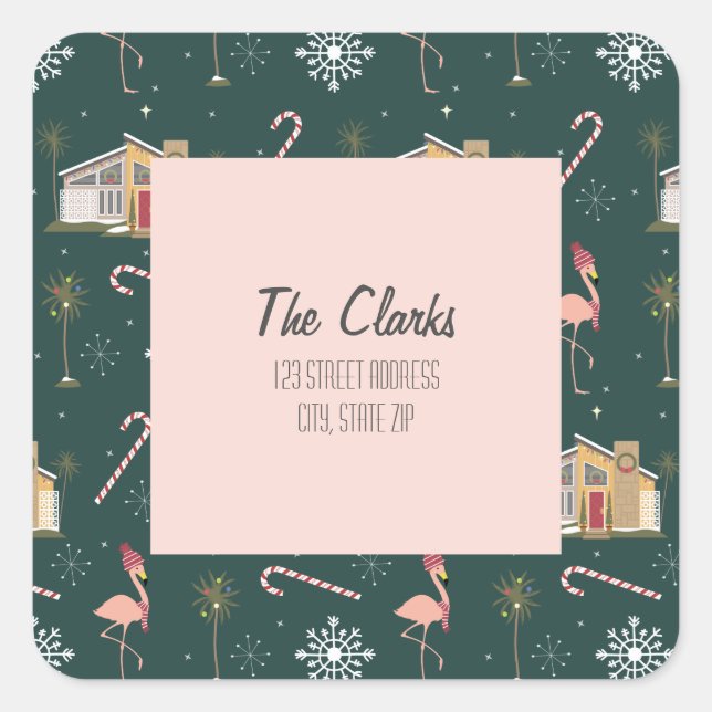Midcentury Christmas Pink House Palm Tree Address Square Sticker (Front)