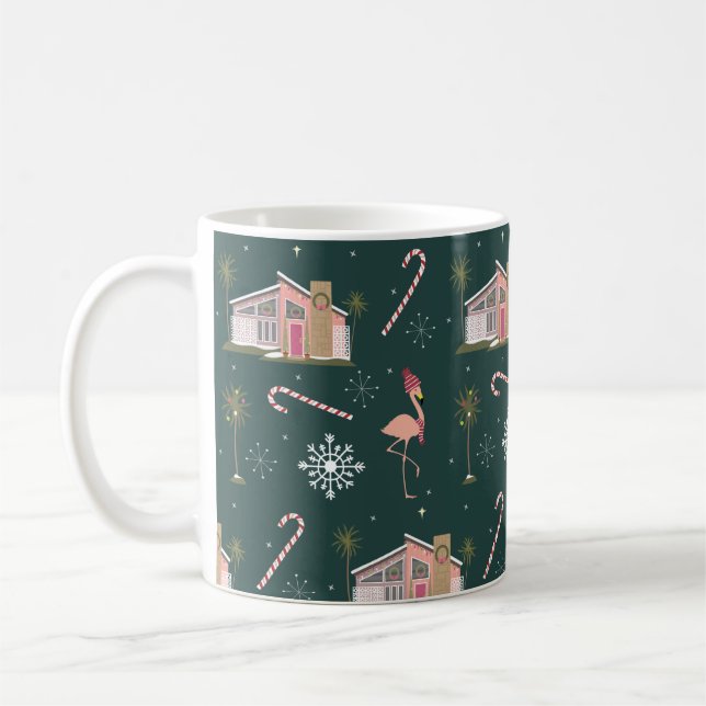 Midcentury Christmas Pink House Palm Tree Coffee Mug (Left)