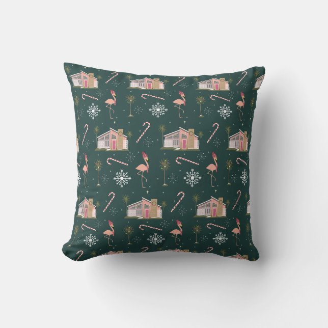 Midcentury Christmas Pink House Palm Tree  Throw P Cushion (Front)