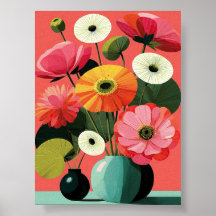 Midcentury Floral Still Life Coral Wall Art