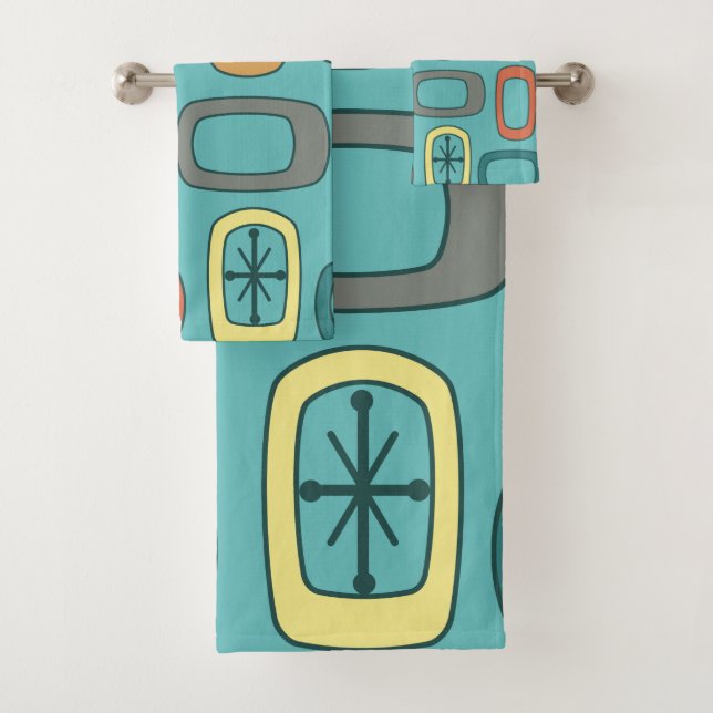 Midcentury MCM Rounded Rectangles Aquamarine Bath Towel Set (Insitu)