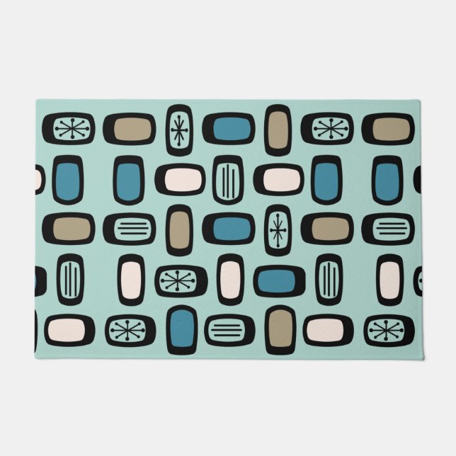 Midcentury MCM Rounded Rectangles Aquamarine Doormat (Front)