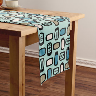 Midcentury MCM Rounded Rectangles Aquamarine Short Table Runner