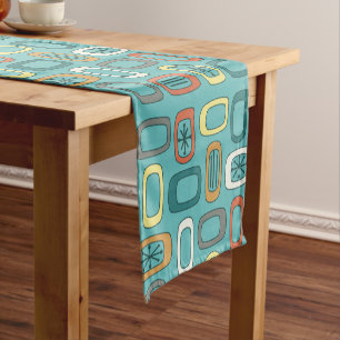 Midcentury MCM Rounded Rectangles Aquamarine Short Table Runner