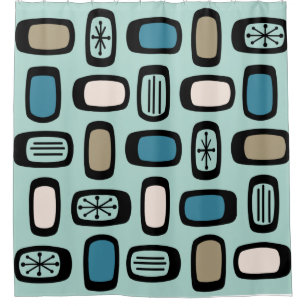 Midcentury MCM Rounded Rectangles Aquamarine Shower Curtain