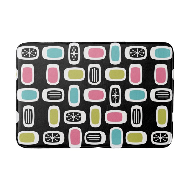 Midcentury MCM Rounded Rectangles Black Colourful Bath Mat (Front)
