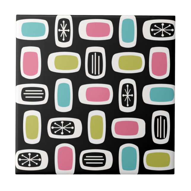 Midcentury MCM Rounded Rectangles Black Colourful Ceramic Tile (Front)