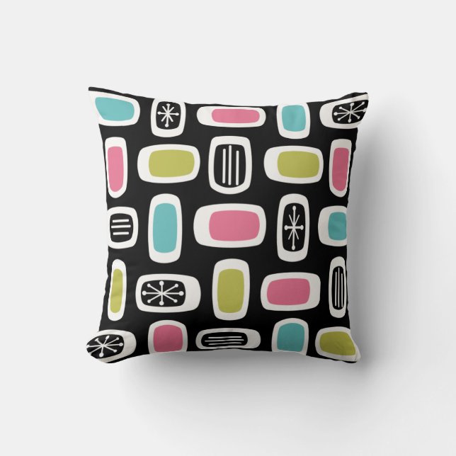Midcentury MCM Rounded Rectangles Black Colourful Cushion (Front)