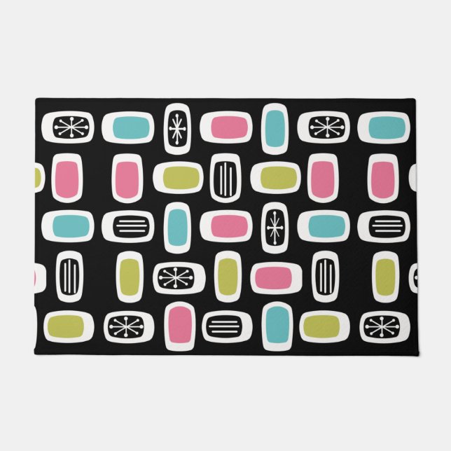 Midcentury MCM Rounded Rectangles Black Colourful Doormat (Front)