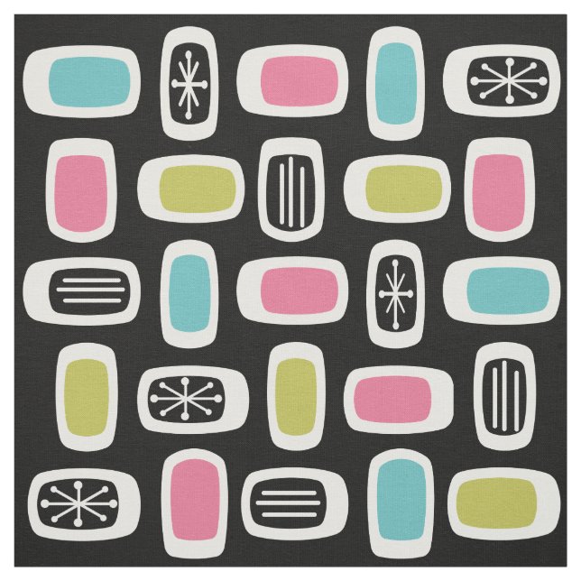 Midcentury MCM Rounded Rectangles Black Colourful Fabric (Swatch)