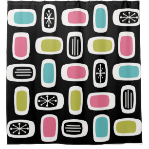 Midcentury MCM Rounded Rectangles Black Colourful Shower Curtain