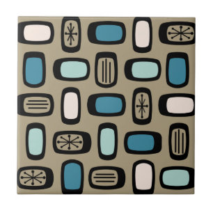 Midcentury MCM Rounded Rectangles Gold Blue Ceramic Tile