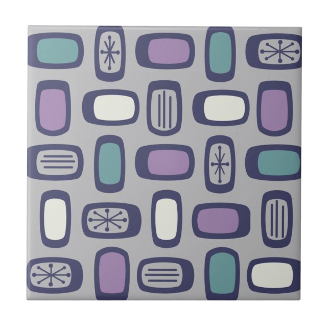 Midcentury MCM Rounded Rectangles Grey Purple Ceramic Tile (Front)