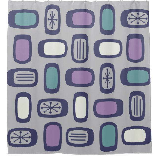 Midcentury MCM Rounded Rectangles Grey Purple Shower Curtain (Front)