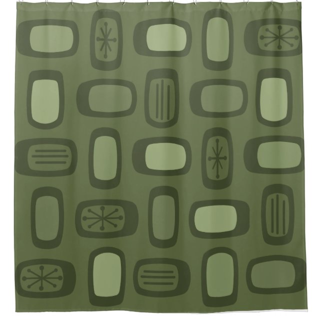 Midcentury MCM Rounded Rectangles Olive Green Shower Curtain (Front)