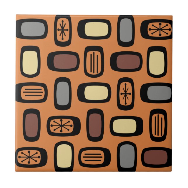 Midcentury MCM Rounded Rectangles Orange Brown Ceramic Tile (Front)