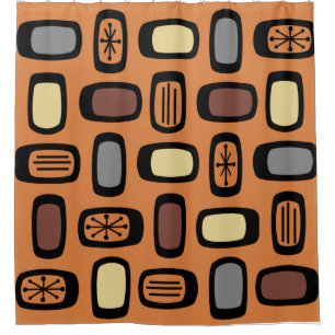 Midcentury MCM Rounded Rectangles Orange Brown Shower Curtain