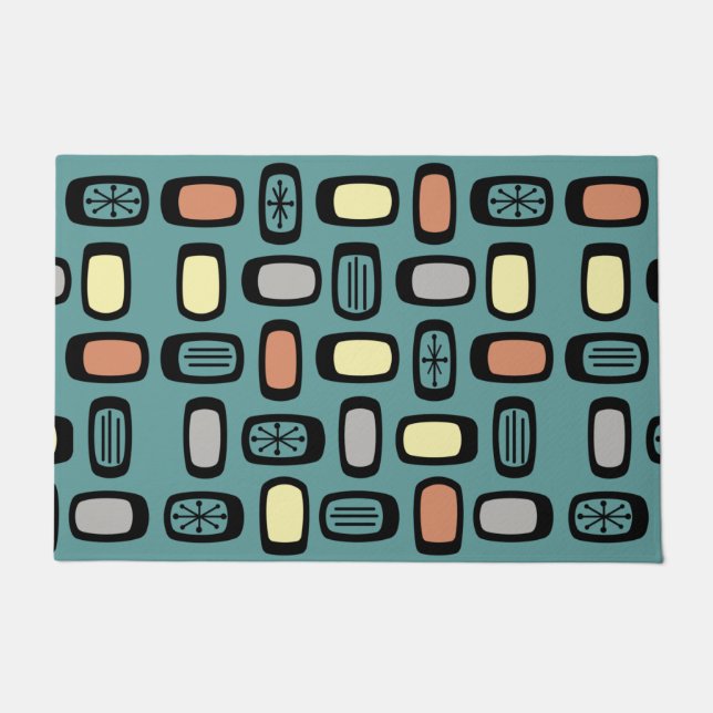 Midcentury MCM Rounded Rectangles Turquoise Colorf Doormat (Front)