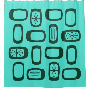 Midcentury MCM Rounded Rectangles Turquoise Shower Curtain