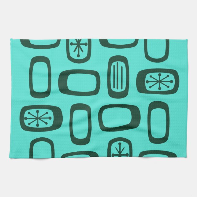 Midcentury MCM Rounded Rectangles Turquoise Tea Towel (Horizontal)